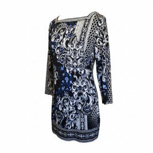 White House Black Market Stretch Shift Dress M Black Blue Print 3/4 Sleeve